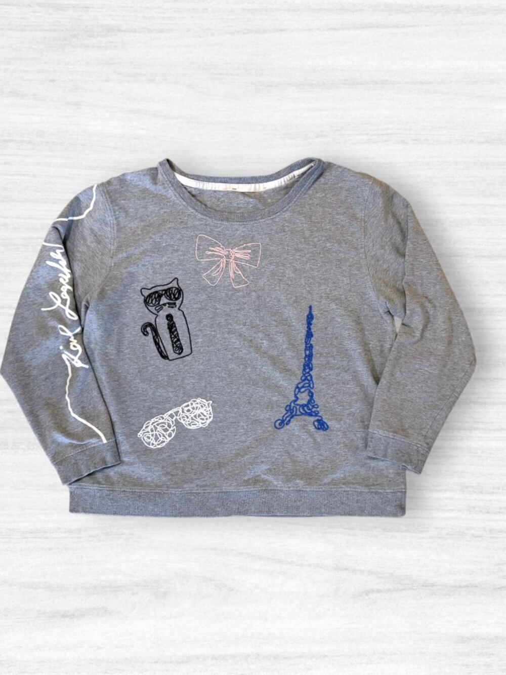 Karl Lagerfeld Paris Embroidered Graphic Sweatshirt Gray Cat Eiffel Tower L / XL